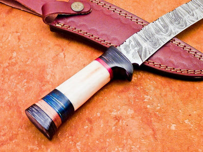 12" Damascus Steel Bowie Knife – Camel Bone & Hardwood Handle with Leather Sheath