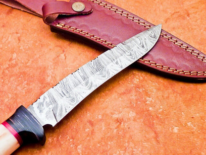 12" Damascus Steel Bowie Knife – Camel Bone & Hardwood Handle with Leather Sheath