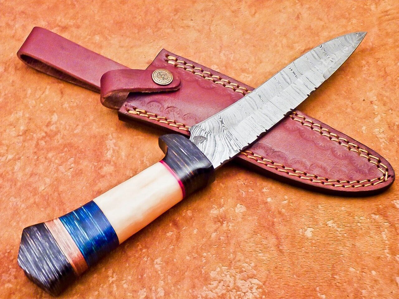 12" Damascus Bowie Knife with Camel Bone & Hardwood Handle