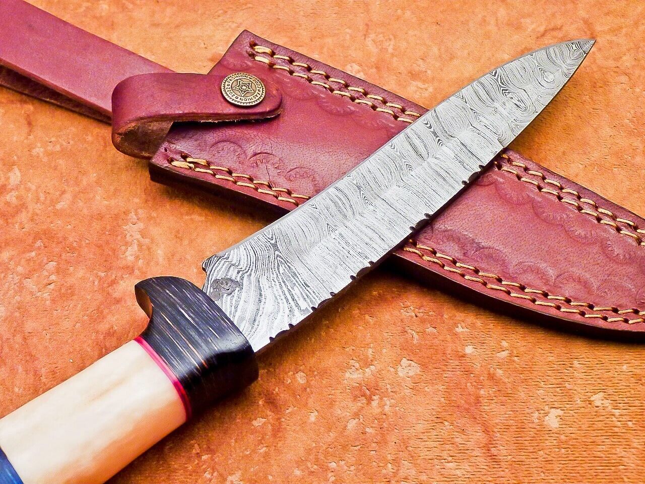 12" Damascus Bowie Knife with Camel Bone & Hardwood Handle