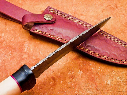 12" Damascus Bowie Knife with Camel Bone & Hardwood Handle