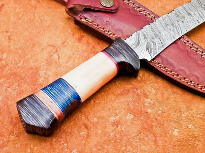 12" Damascus Bowie Knife with Camel Bone & Hardwood Handle