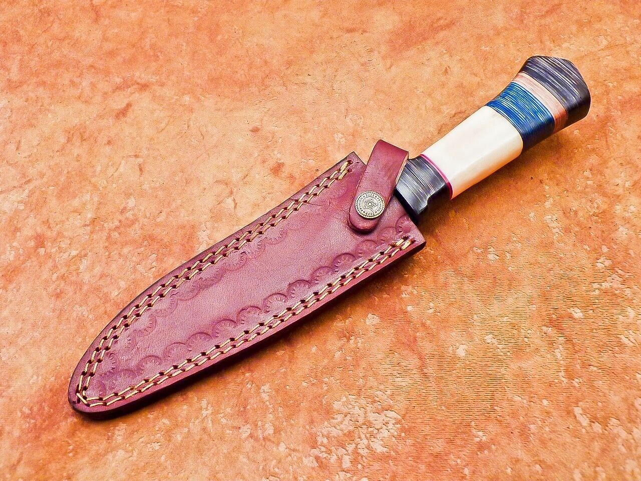 12" Damascus Bowie Knife with Camel Bone & Hardwood Handle