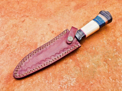 12" Damascus Bowie Knife with Camel Bone & Hardwood Handle