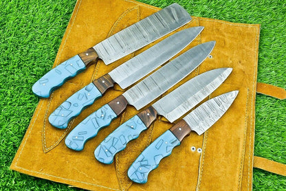 5 PCS Custom Handmade Damascus Steel Chef Knife Set with Wood Handles