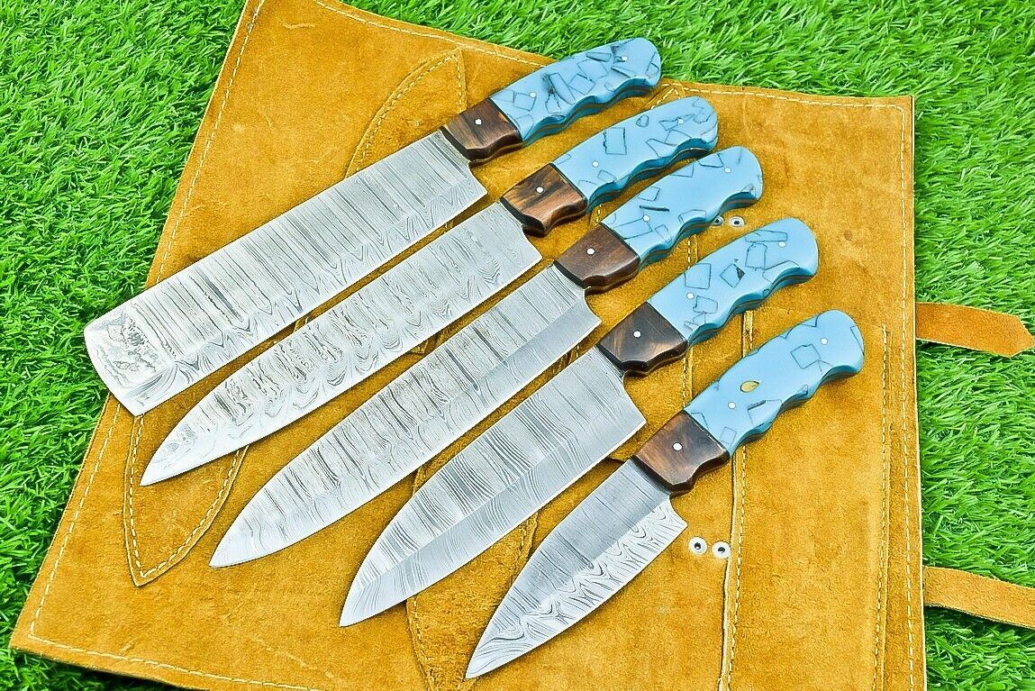 5 PCS Custom Handmade Damascus Steel Chef Knife Set with Wood Handles