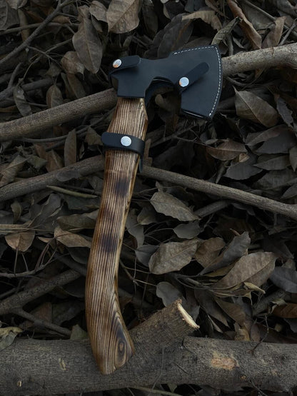 Hand Forged Carbon Steel Viking Axe with Rosewood Shaft and Leather Sheath
