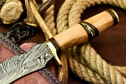 12.5" Custom Handmade Damascus Bowie Hunting Knife – Olive Wood Handle