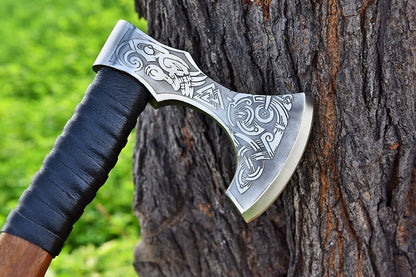 Hand Forged Viking Axe 19.5 Inch 1095 Carbon Steel Tomahawk with Ash Wood Handle and Leather Sheath