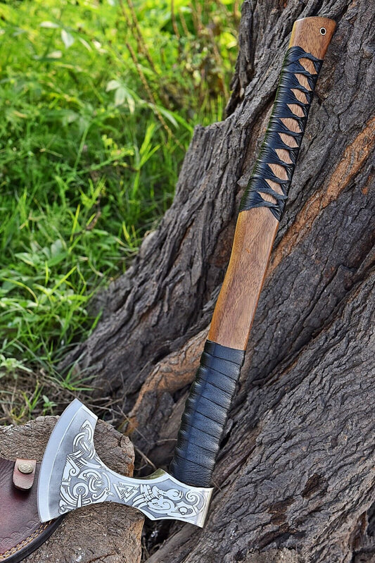 Hand Forged Viking Axe 19.5 Inch 1095 Carbon Steel Tomahawk with Ash Wood Handle and Leather Sheath