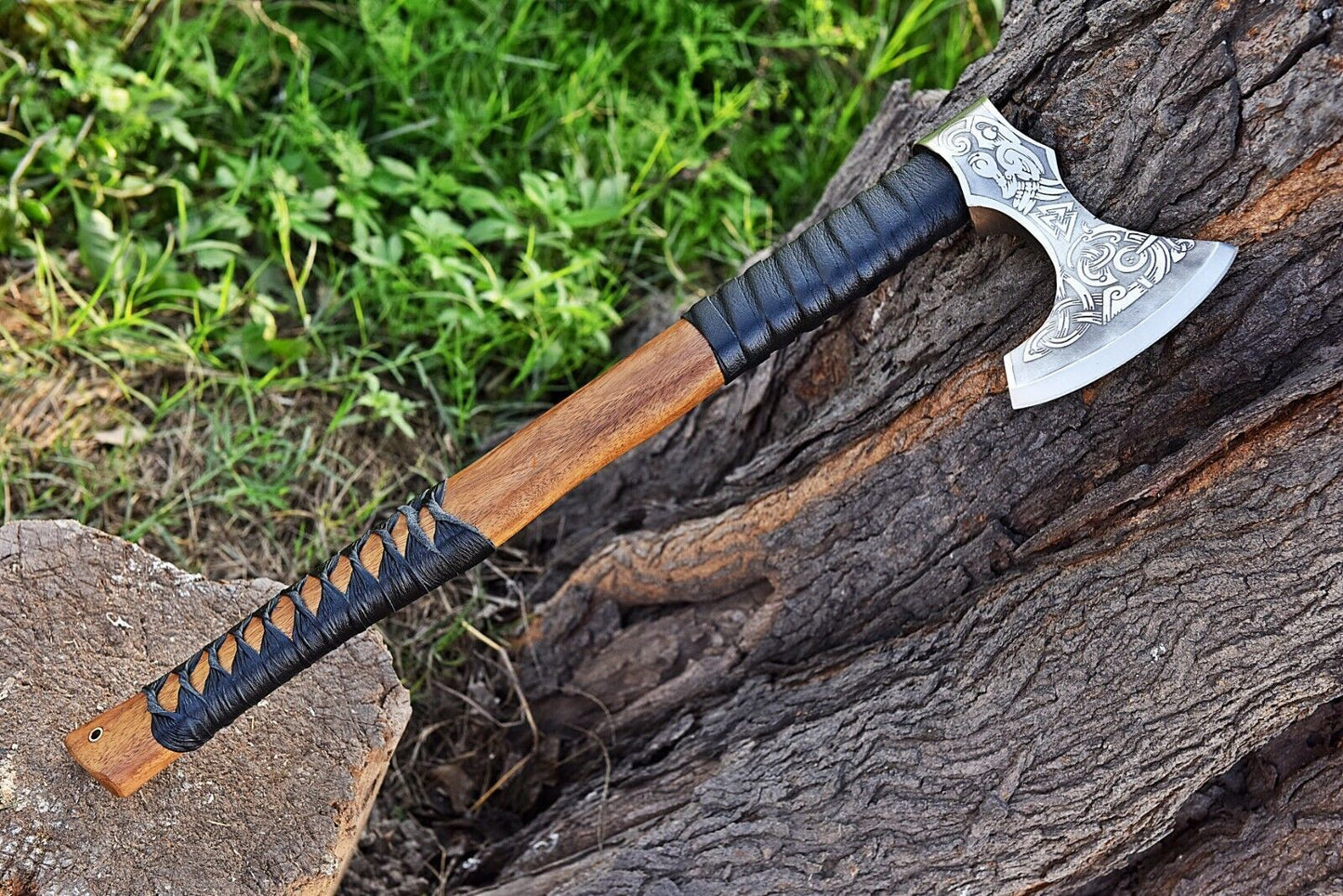 Hand Forged Viking Axe 19.5 Inch 1095 Carbon Steel Tomahawk with Ash Wood Handle and Leather Sheath