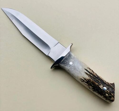 Handmade D2 Steel Hunting Bowie Knife with Stag Horn Handle & Leather Sheath