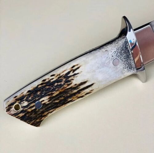 Handmade D2 Steel Hunting Bowie Knife with Stag Horn Handle & Leather Sheath
