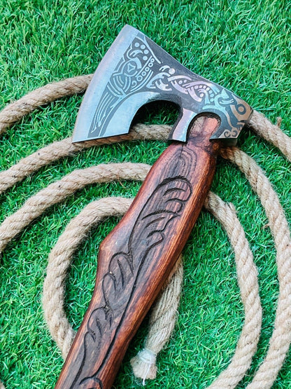 Handmade Viking Integral Tomahawk Axe with Carbon Steel Blade and Wooden Handle