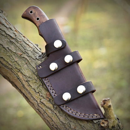 High Carbon Damascus Steel Tracker Knife – Full Tang Outdoor Survival Tool with Leather Sheath