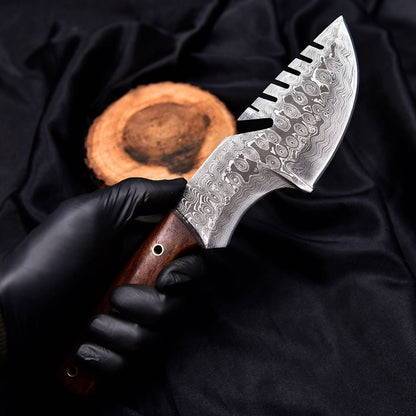 High Carbon Damascus Steel Tracker Knife – Full Tang Outdoor Survival Tool with Leather Sheath