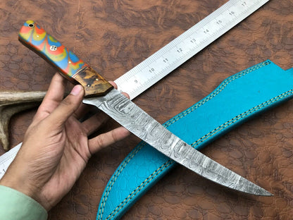 14" Hand Forged Damascus Fillet Knife Handmade Fillet Knife with Sheath