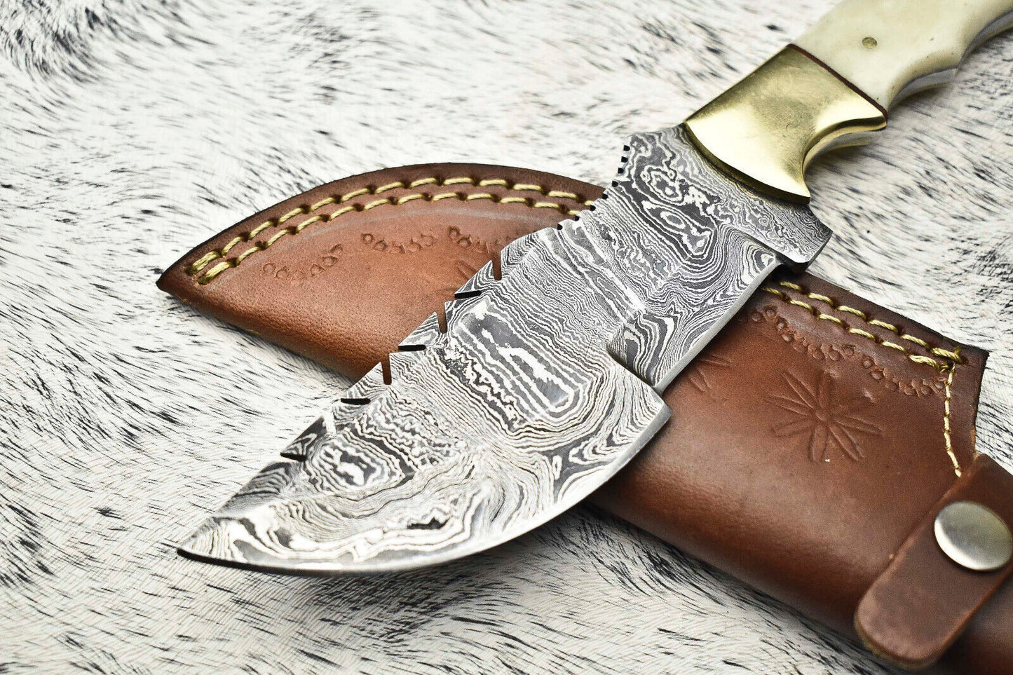 Custom Handmade Damascus Steel Tracker Knife | Camel Bone Handle | 384-Layer Forged Blade with Leather Sheath