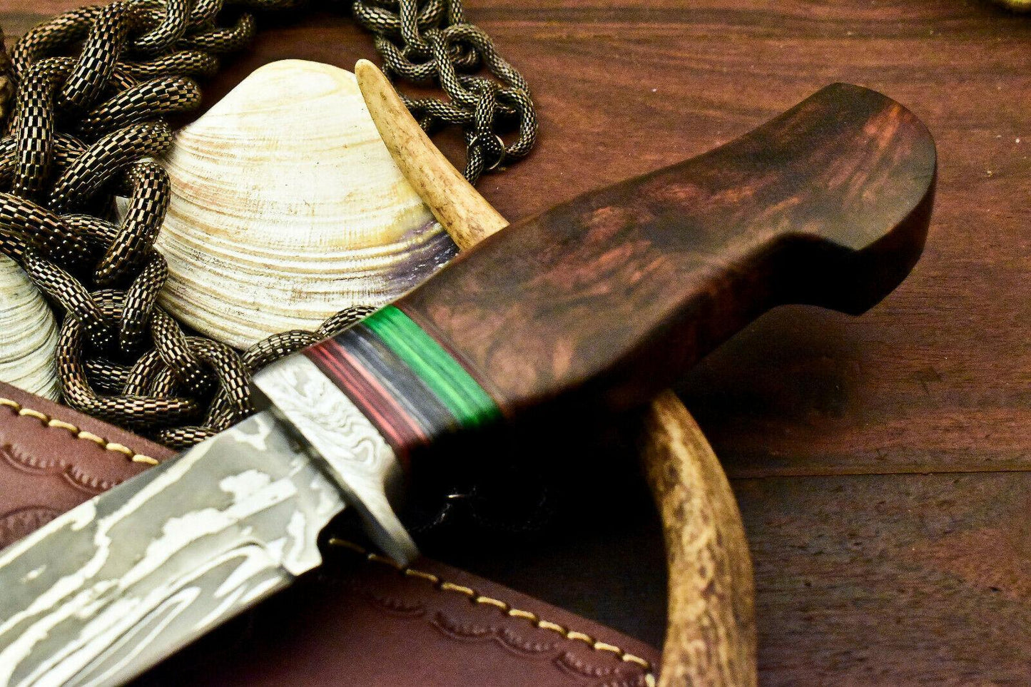 Damascus Bowie Knife – 14" Walnut Wood Handle & Leather Sheath