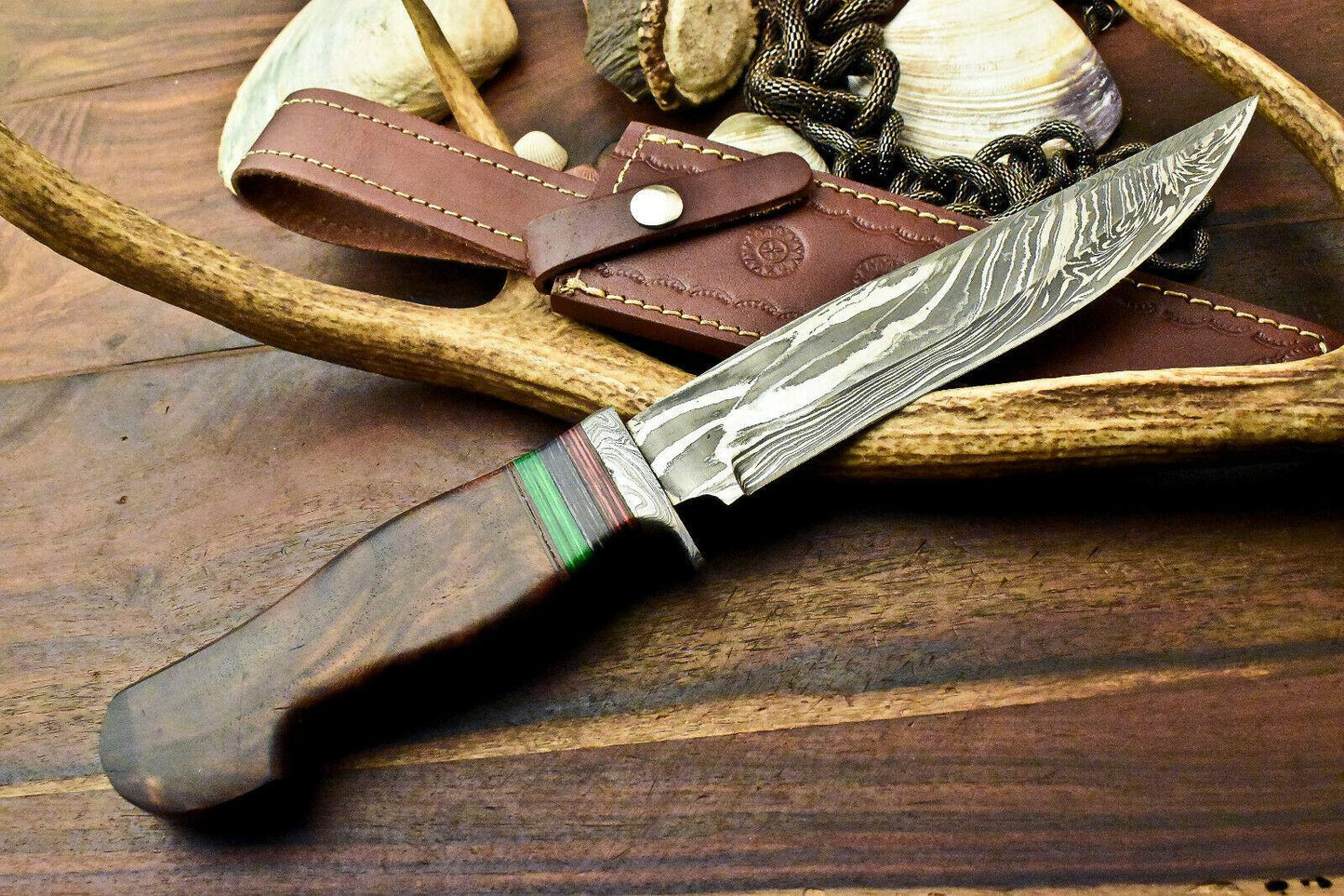 Damascus Bowie Knife – 14" Walnut Wood Handle & Leather Sheath