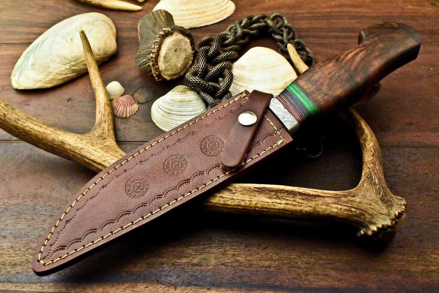 Damascus Bowie Knife – 14" Walnut Wood Handle & Leather Sheath