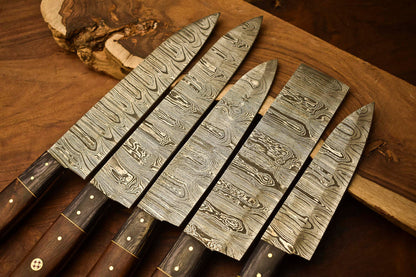Exclusive Custom Set of 5 Handmade Hammered Damascus Steel Chef Knives – 10" to 13"