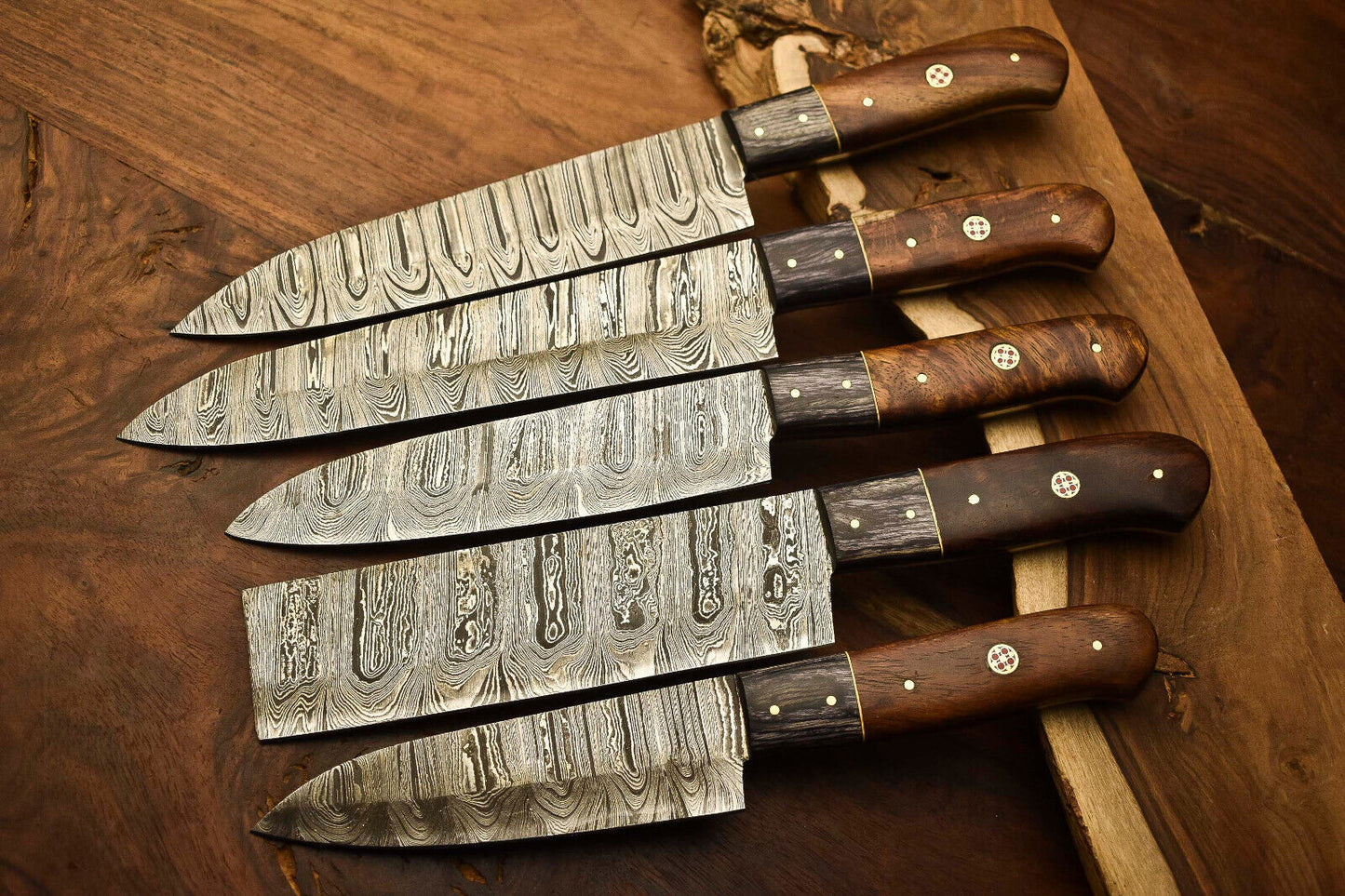 Exclusive Custom Set of 5 Handmade Hammered Damascus Steel Chef Knives – 10" to 13"