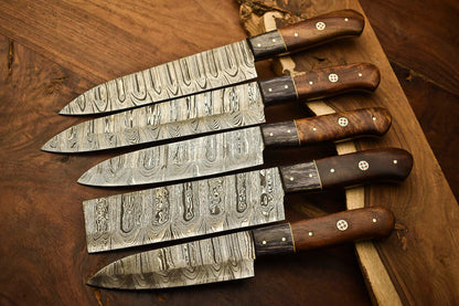 Exclusive Custom Set of 5 Handmade Hammered Damascus Steel Chef Knives – 10" to 13"