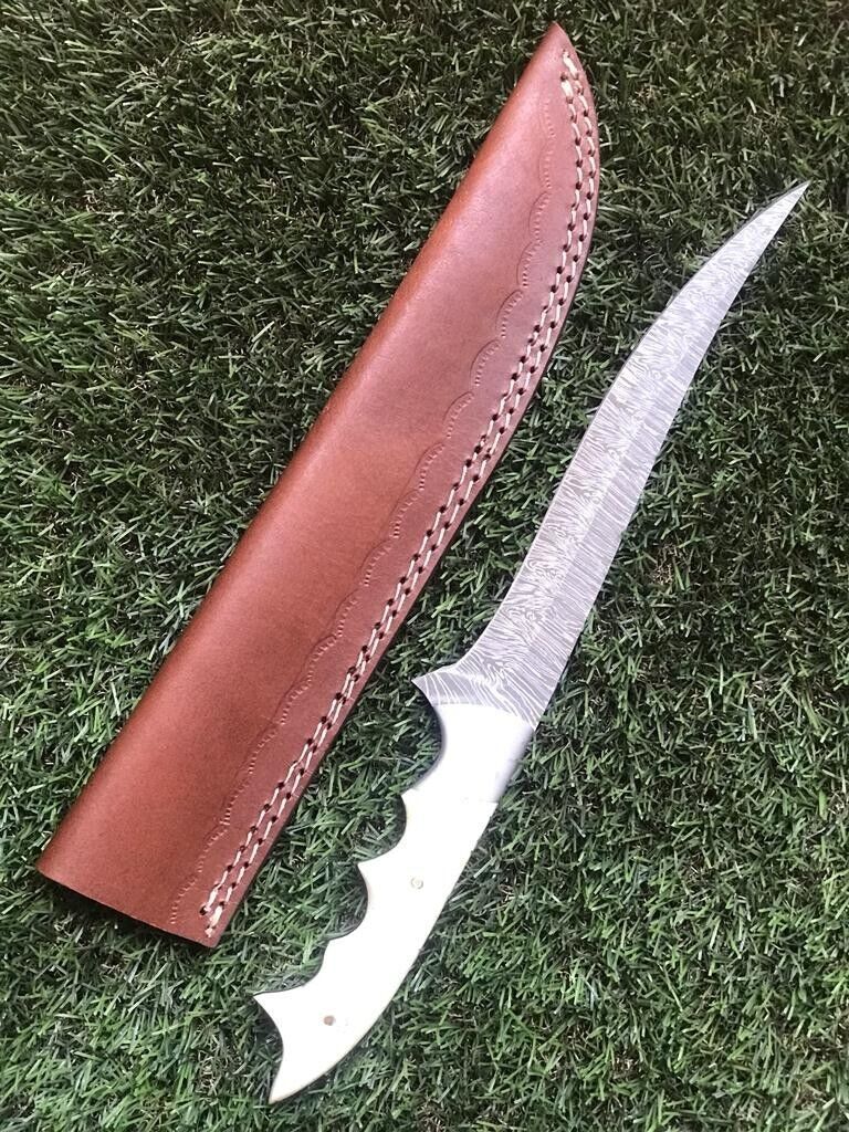 12.5" Twist Pattern Damascus Steel Brisket & Fillet Knife Hand Forged with Leather Sheath