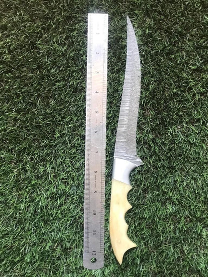 12.5" Twist Pattern Damascus Steel Brisket & Fillet Knife Hand Forged with Leather Sheath