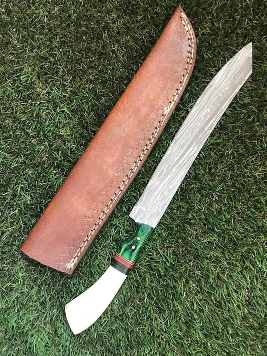 13" HANDMADE DAMASCUS STEEL FILLET KNIFE Custom Fillet Knife With Leather Sheath