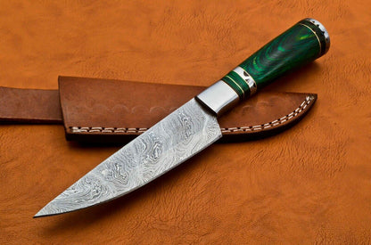 Custom Handmade Damascus Steel Skinner/Chef Knife – 9.5" Ladder Pattern Blade with Pakka Wood Handle & Leather Sheath