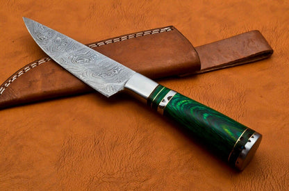 Custom Handmade Damascus Steel Skinner/Chef Knife – 9.5" Ladder Pattern Blade with Pakka Wood Handle & Leather Sheath