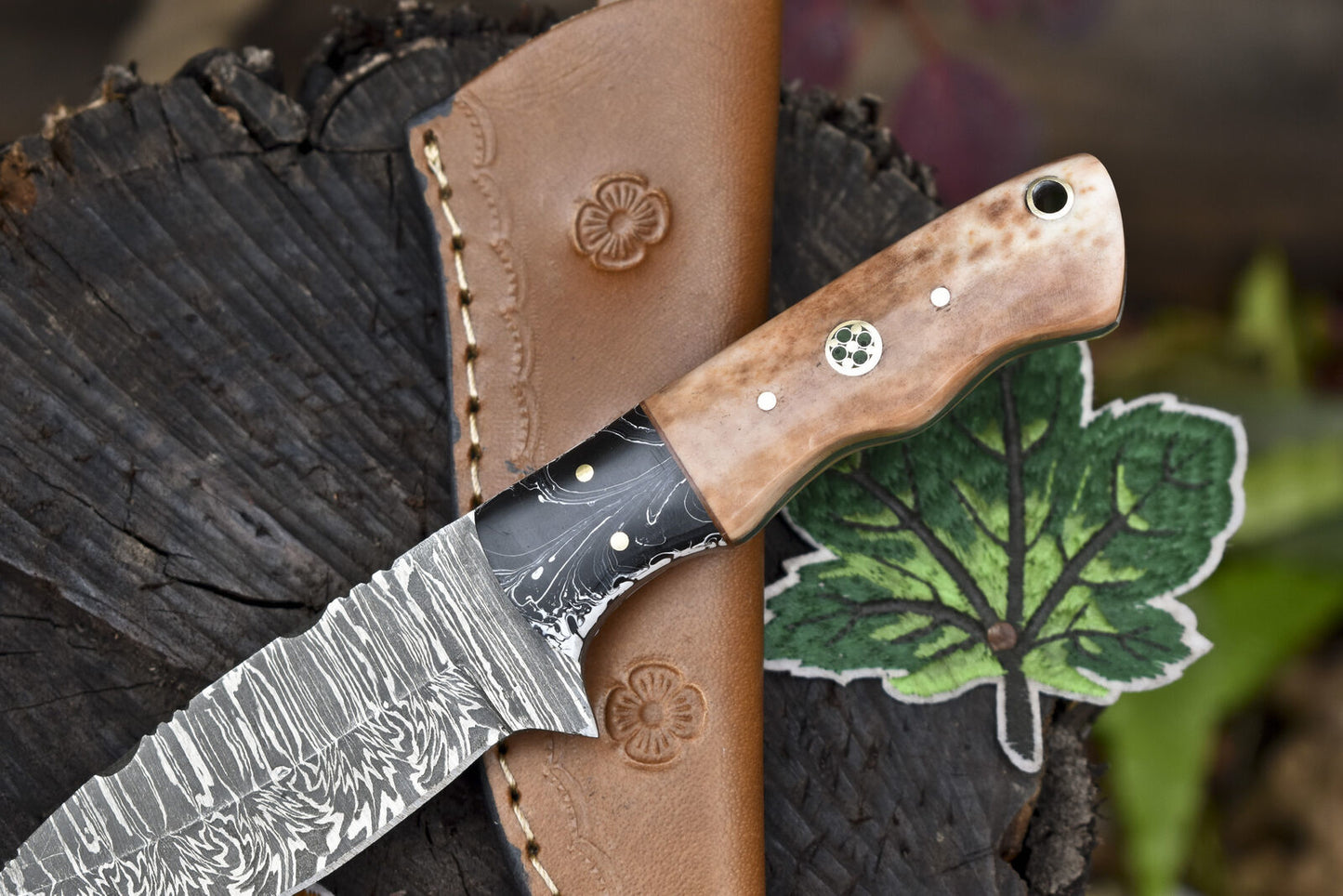 Twist Damascus Skinner Knife with Bone Handle and Micarta Bolster for Hunting and Camping