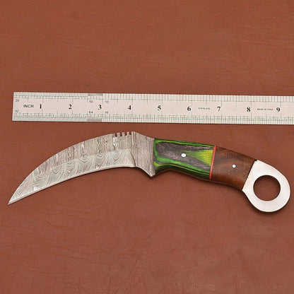 Custom Damascus Karambit Full Tang Karambit Damascus Steel Hunting Knife with Wood Handle