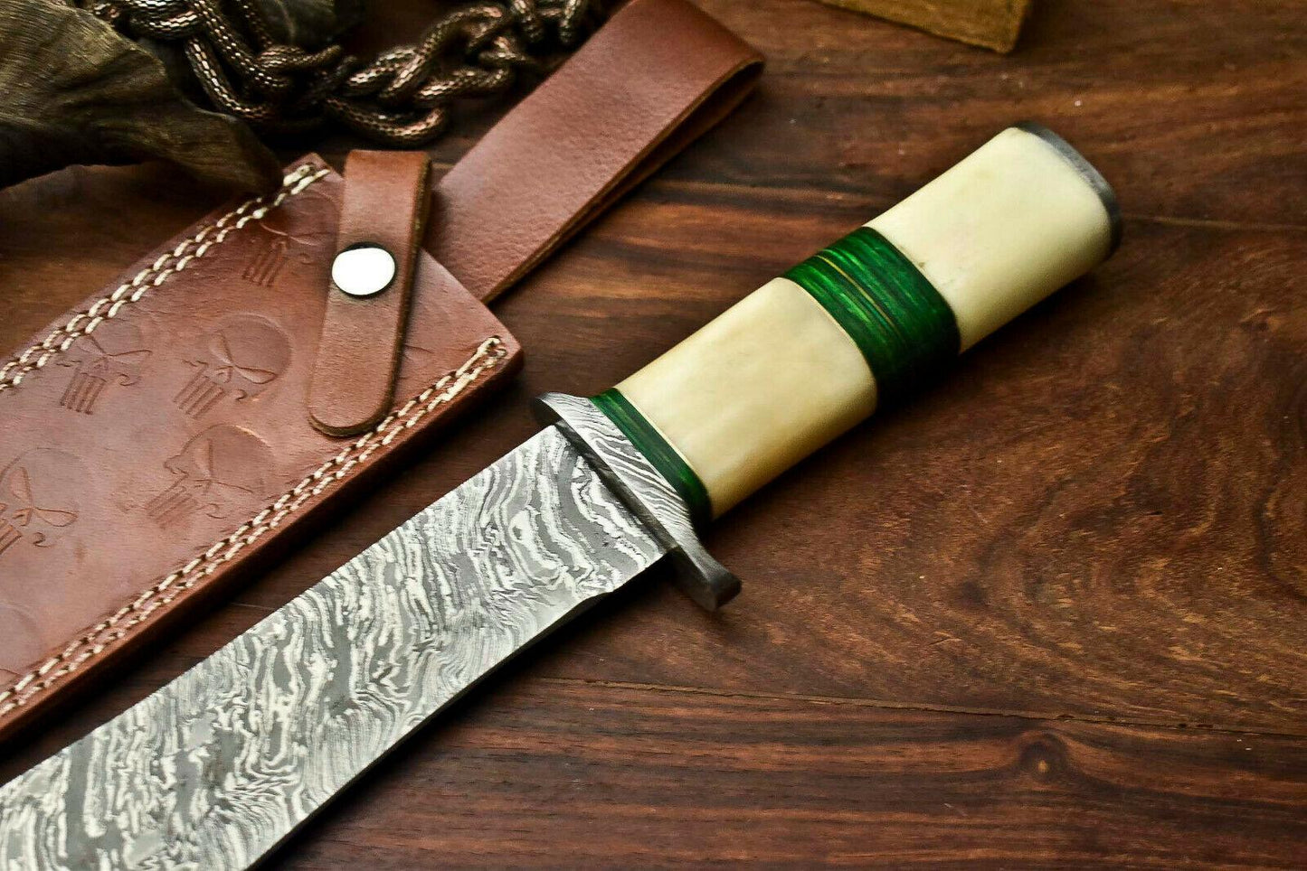 14.5" Damascus Bowie Knife with Camel Bone Handle & Leather Sheath