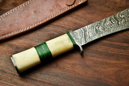 14.5" Damascus Bowie Knife with Camel Bone Handle & Leather Sheath