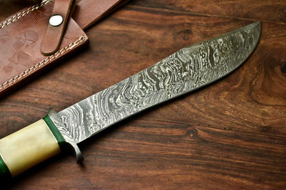 14.5" Damascus Bowie Knife with Camel Bone Handle & Leather Sheath