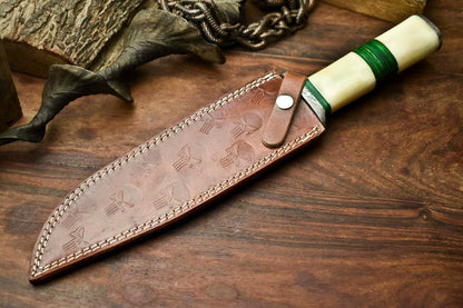 14.5" Damascus Bowie Knife with Camel Bone Handle & Leather Sheath