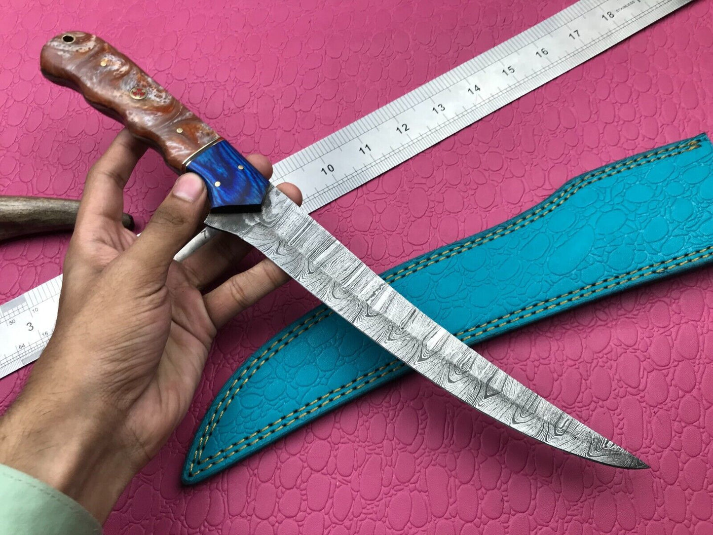 13" Custom Handmade Damascus Steel Knife & Skinner Fillet Knife W/Sheath