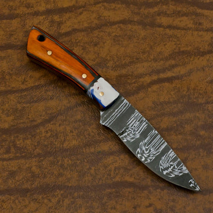 Custom Handmade Damascus EDC Hunting Knife with Resin and Wood Handle – Fixed Blade Skinner