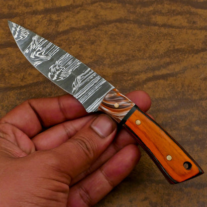 Custom Handmade Damascus EDC Hunting Knife with Resin and Wood Handle – Fixed Blade Skinner