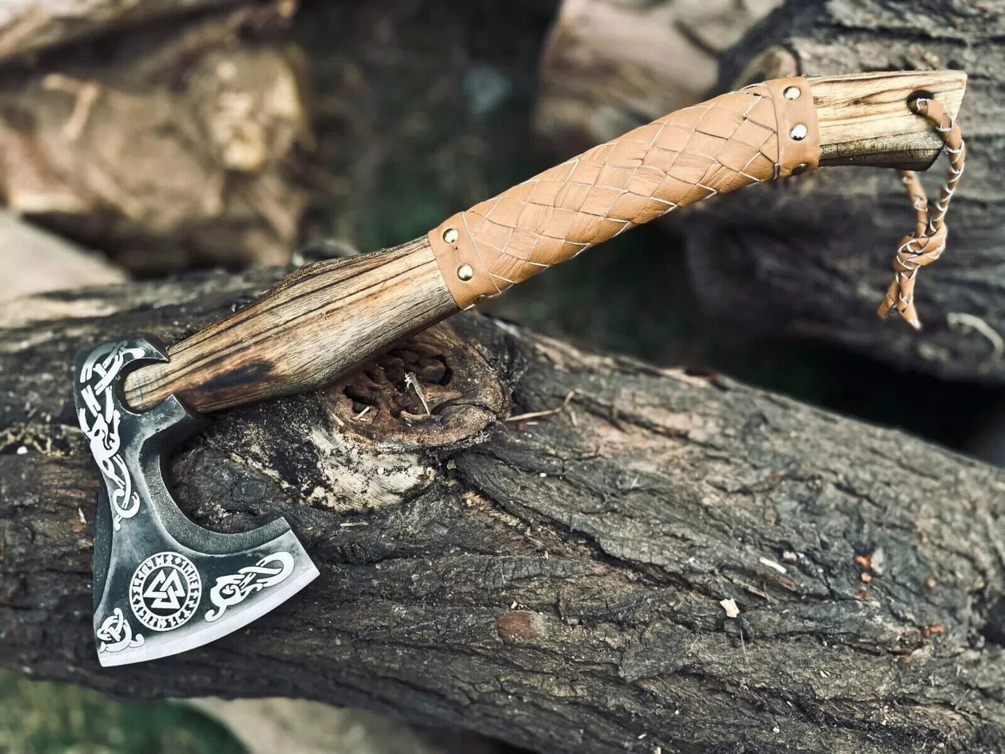 Hand-Forged Carbon Steel Viking Bushcraft Axe – Durable Cutting Hatchet with Leather Sheath