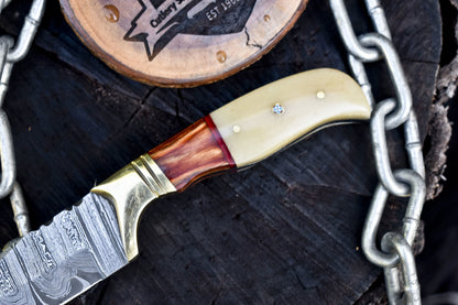Handmade Twist Damascus Skinner Knife with Gut Hook and Hard Wood Handle