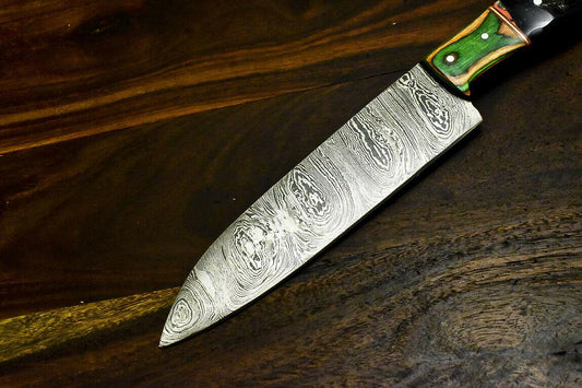 Rare Handmade Damascus Steel Hunting Chef Knife – Ram's Horn Handle, 11" Full Tang