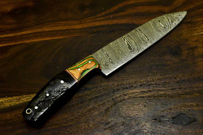 Rare Handmade Damascus Steel Hunting Chef Knife – Ram's Horn Handle, 11" Full Tang
