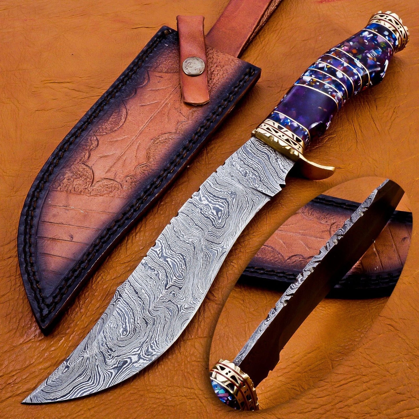 13 Inch Damascus Steel Hunting Bowie Knife with Resin and Brass Handle