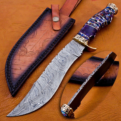 13 Inch Damascus Steel Hunting Bowie Knife with Resin and Brass Handle