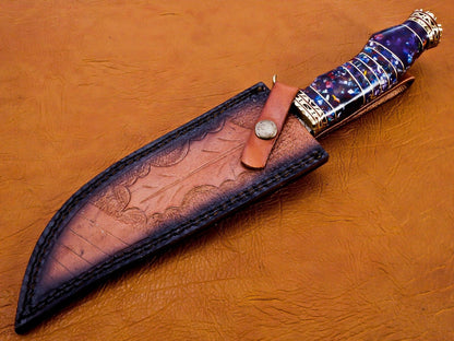 13 Inch Damascus Steel Hunting Bowie Knife with Resin and Brass Handle