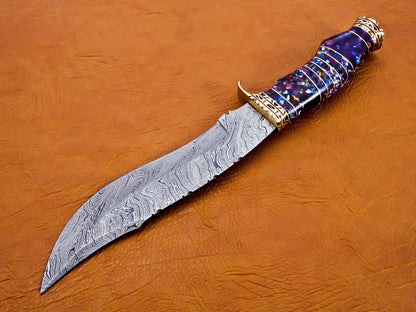 13 Inch Damascus Steel Hunting Bowie Knife with Resin and Brass Handle